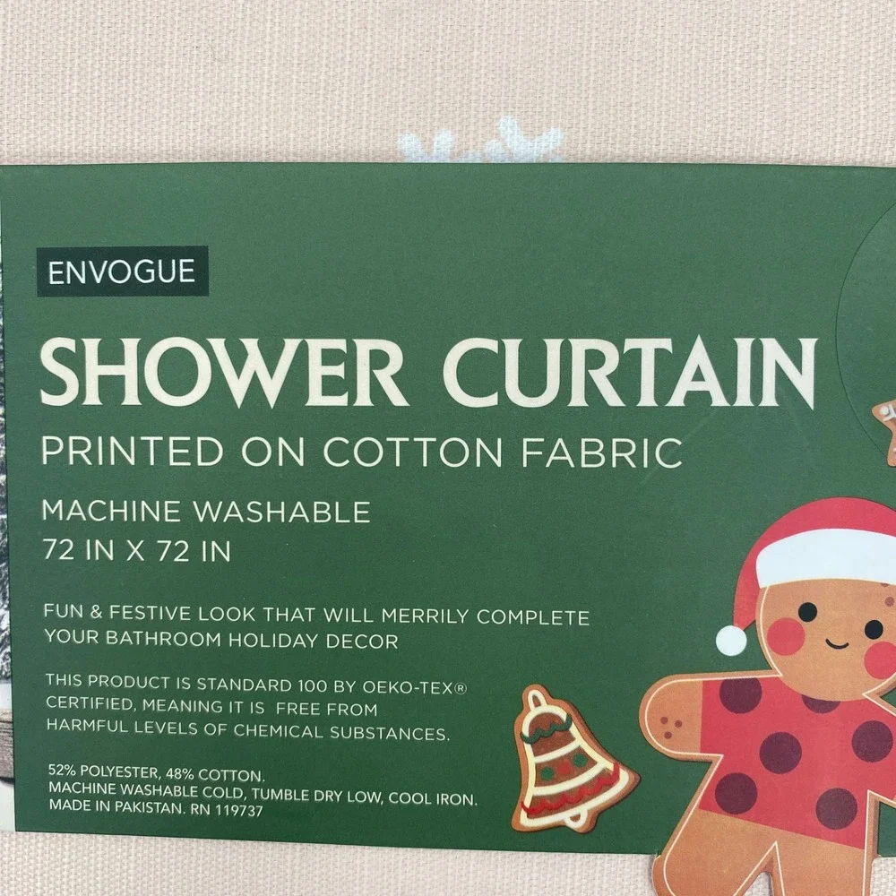 EnVogue Shower Curtain Pink Gingerbread Village Snowflake Holiday Christmas